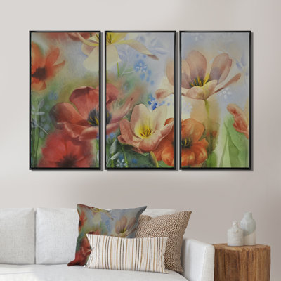 Vintage Flowers In Dark Pastel Colours - Traditional Framed Canvas Wall Art Set Of 3 -  Red Barrel Studio®, A62842C3CDF94FC68599C76DB4ED6E47