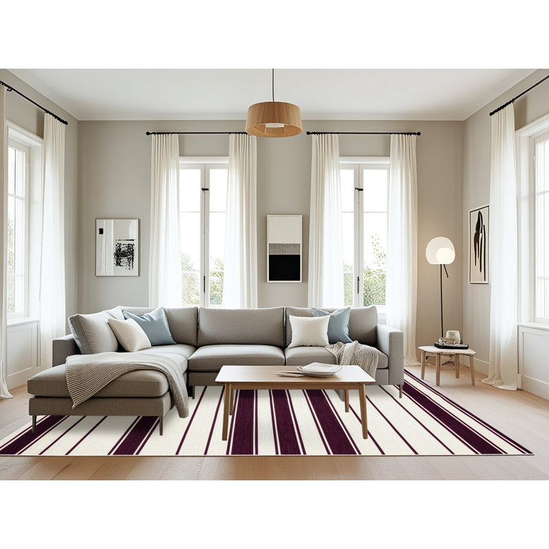 Tapis beige à rayures horizontales lavable à la machine, Rectangle 6 pi x 9 pi