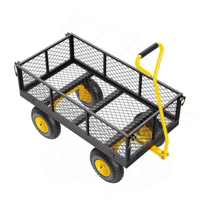 Chariot de jardin en acier robuste de 900 lb, chariot de jardin sur roulettes, wagons utilitaires d'extérieur en métal avec pneus de 10 po et côtés amovibles en filet (converti en plateau) et poignée pivotante à 180 °