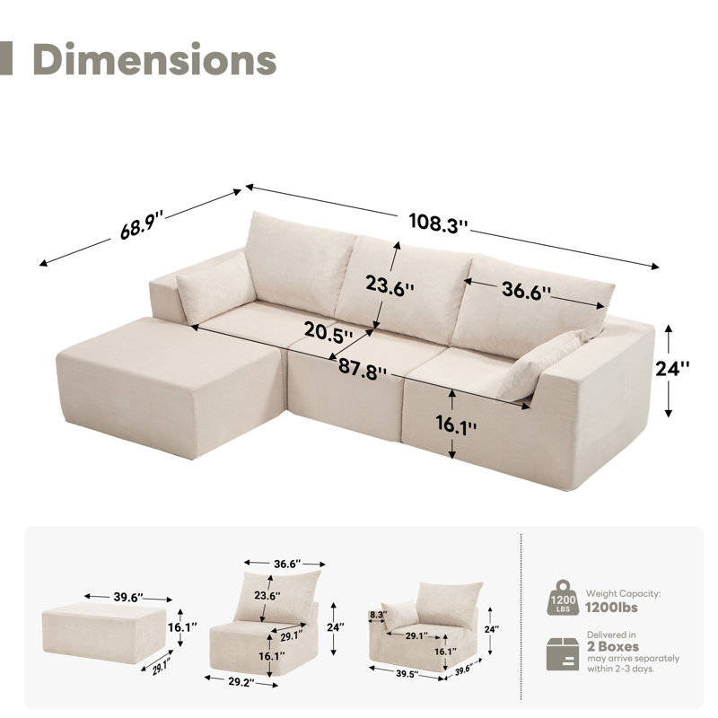 Canapé modulaire en velours côtelé modulaire Boneless, Chenille beige