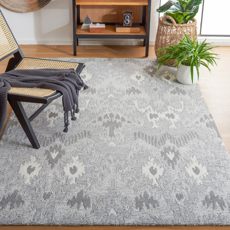 Ikat Hand Tufted Wool/Cotton Ikat Rug in Ivory/Grey, Rectangle 8' x 10'