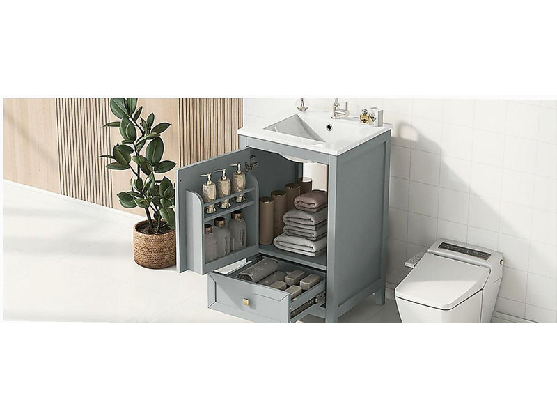 Armoire de salle de bain de 20 pouces avec lavabo, armoire de salle de bain avec porte à fermeture en douceur, tablette de rangement et tiroir