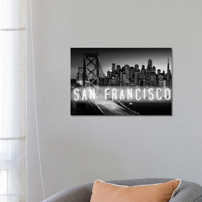 Neon San Francisco White on Black 1 Piece Wrapped Canvas Wall Art