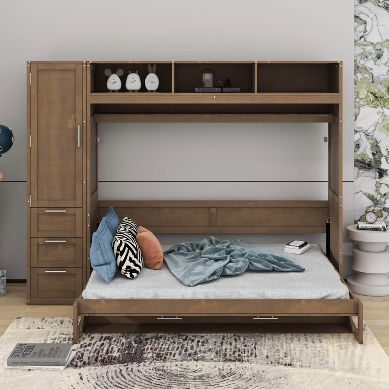 Lit escamotable double avec garde-robe, tiroirs et tablettes ouvertes