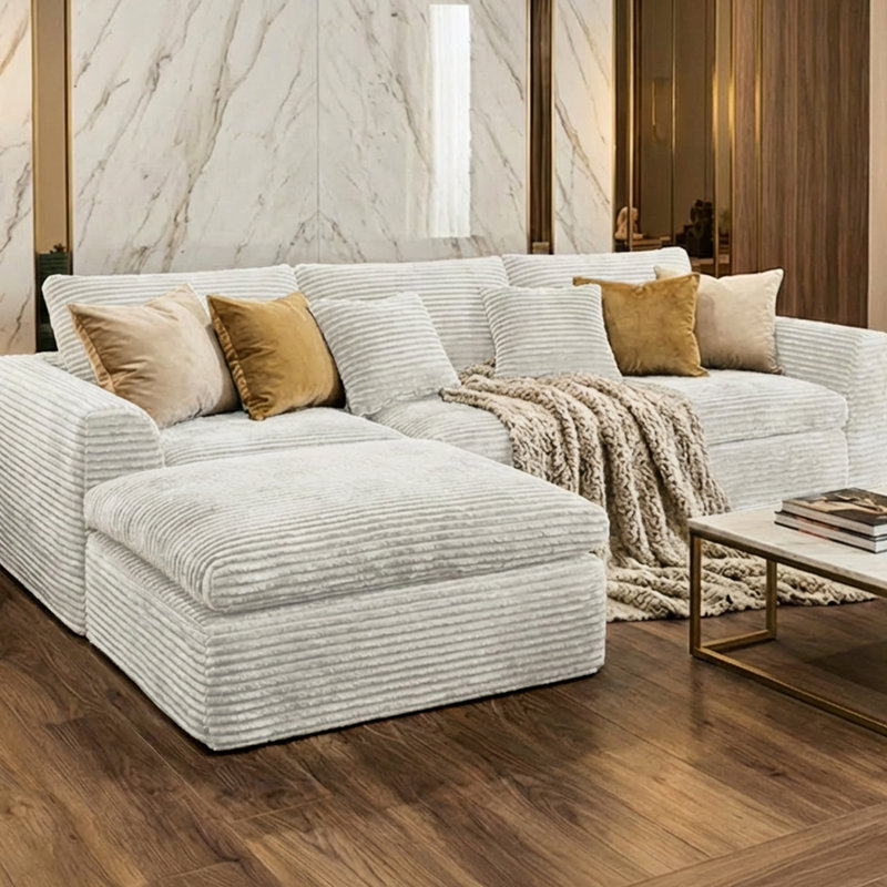 Canapé d'angle 4 places en velours côtelé, 108 pouces (274 cm) de long, garni de mousse sans os, densité 30, double couche, confort moelleux, revêtement en velours côtelé, sécuritaire et confortable pour toute la famille, entretien facile.