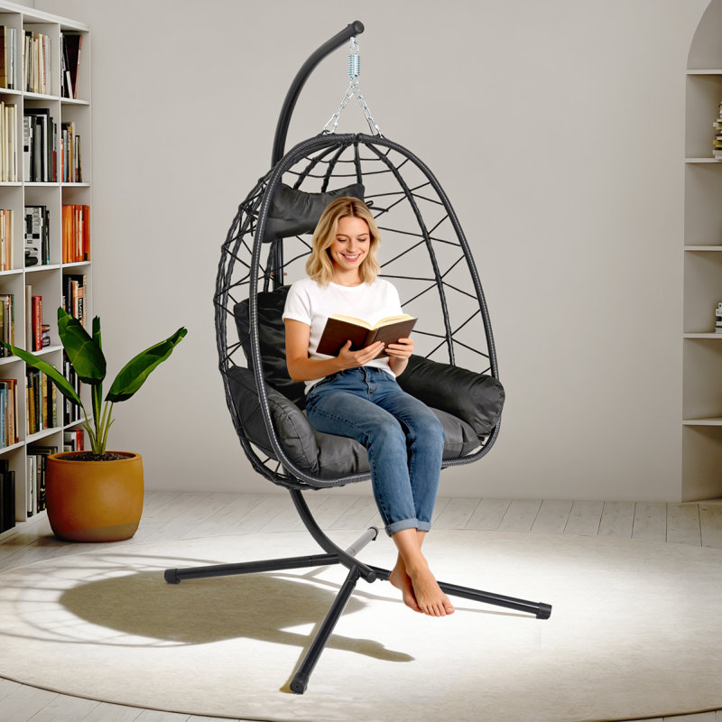 Fauteuil suspendu suspendu en osier avec support et coussin lavable pour patio, Black, Black