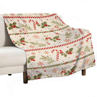 Holly Berries Candy Luxury Flannel Throw Blanket, Soft Warm Fuzzy Blanket for Living Room Sofa Bed Home Decor