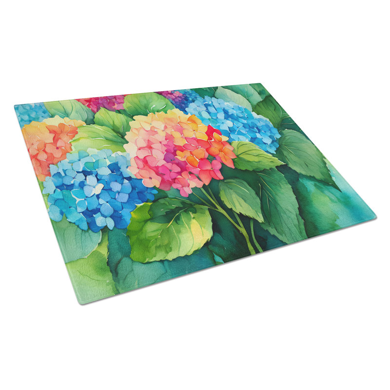 Hydrangeas in Watercolor Glass Cutting Board Large