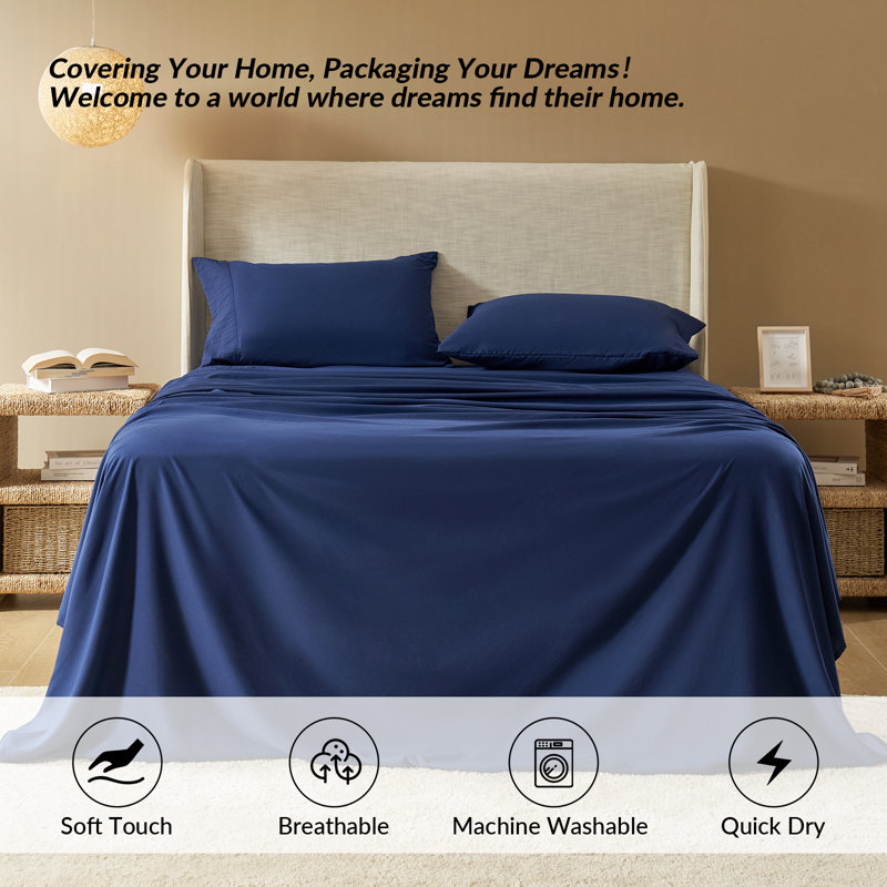 Draps et taies d'oreiller en polyester, Ensemble de draps pour très grand lit avec 2 taie, Indigo