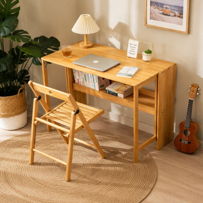 Bamboo Folding Desk, Space-Saving Computer Desk For Small Spaces, Foldable Study Table For Bedroom, Home Office, Dorm, Apartment, Natural Color
