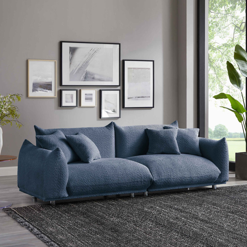 Arnya Upholstered Sofa with Round Arms, Blue Boucle, 29" H x 88.9" W x 37" D, 3