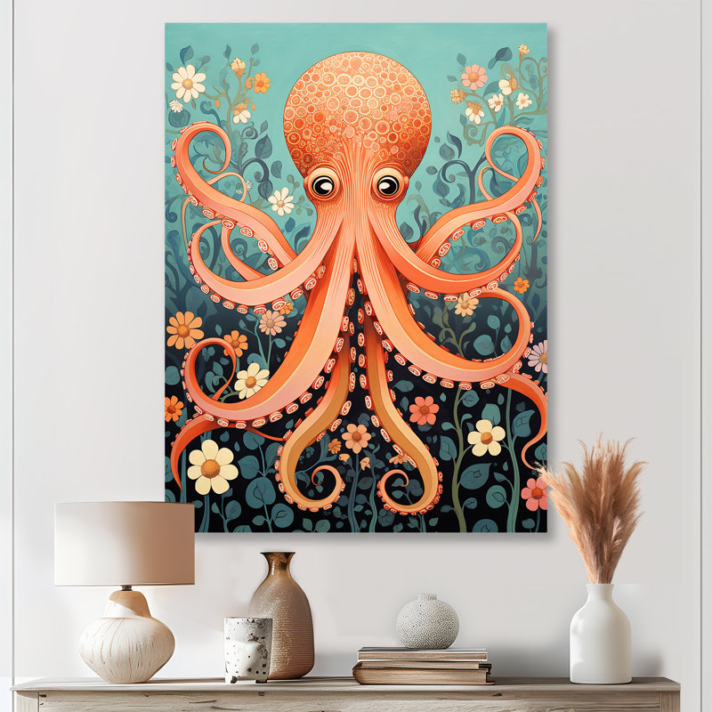 Orange pieuvre - pieuvre / calmar, reproduction d'art murale, Sans cadre, métal, H 20 po x l 12 po