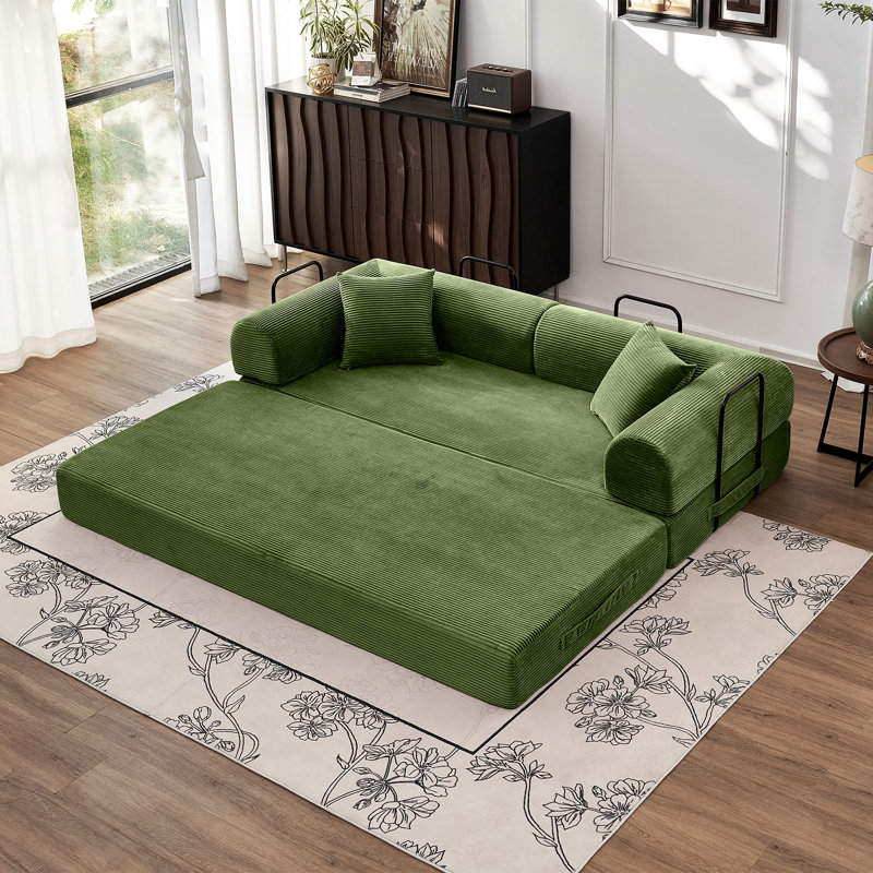 Comfy Corduroy Convertible Sofa Bed - Folding Floor Futon Sleeper with Pillows, Boneless Lounge Loveseat for Living Room Bedroom,Dark Green