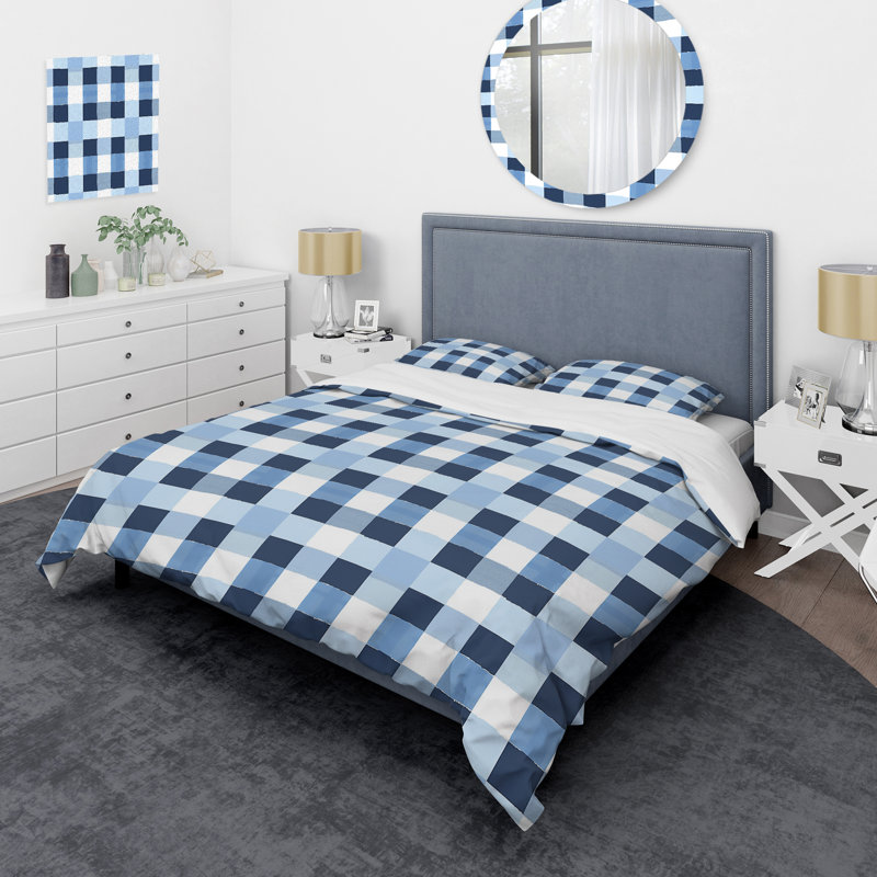 Ensemble de housse de couette moderne à imprimé vichy bleu et blanc II, Housse de couette pour grand lit et 2 taies décor