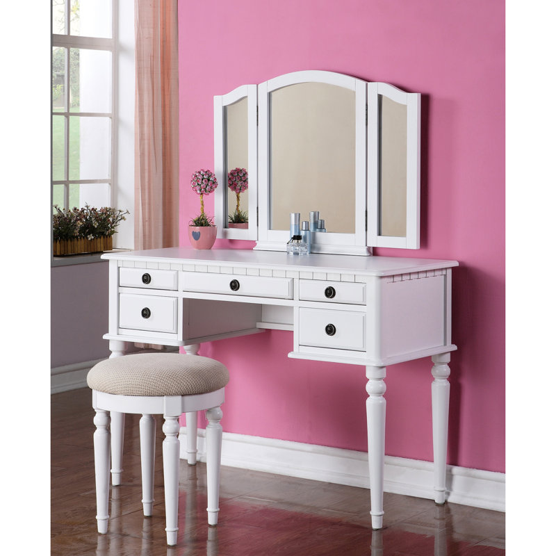 Ensemble de meuble-lavabo contemporain avec miroir pliable, tabouret rembourré et tiroirs de rangement - Finition blanche