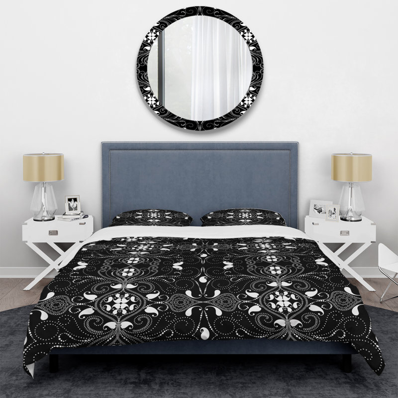 Paisley floral noir et blanc - ensemble de housse de couette abstrait - microfibre de polyester