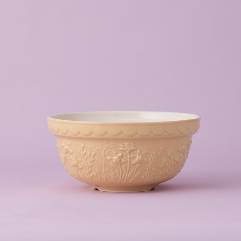 Daffodil Yellow Ceramic Mixing Bowl with Floral Embossing, 1.25 Qt