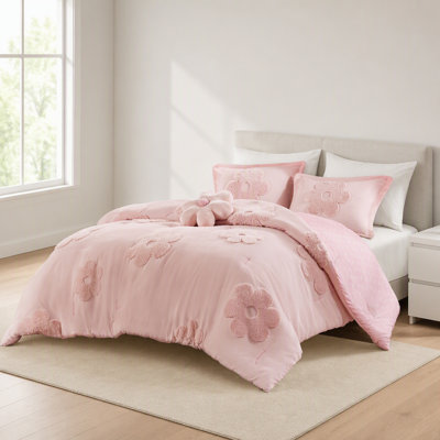 Ensemble d'édredon 4 pièces en chenille capitonnée réversible à motif floral / grand avec coussin décoratif rose, 4 pièces