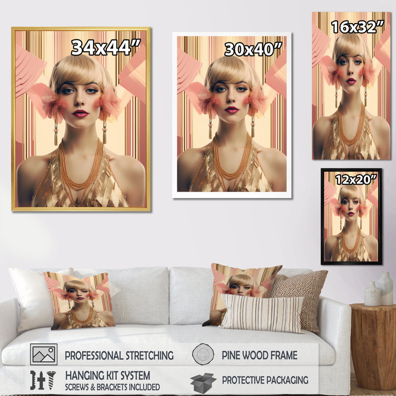 «Pink Elegance Art Nouveau Glam Portrait» sur toile, H 32 po x l 24 po, Cadre naturel flottant