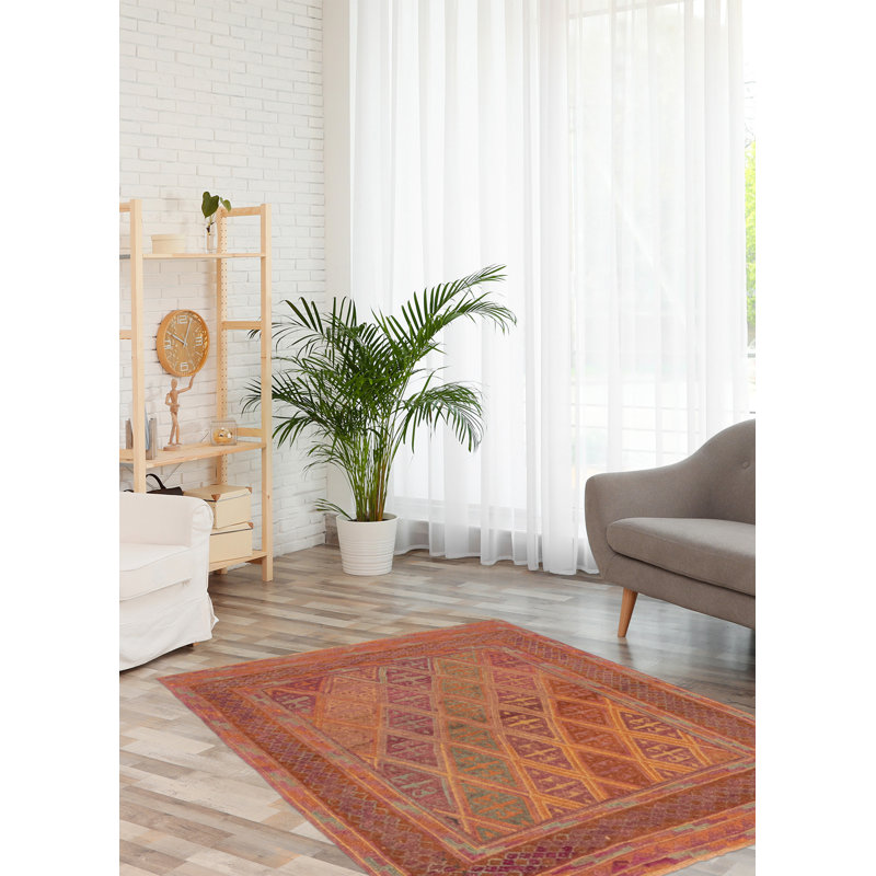 Tapis orange brûlé / mauve noué à la main de conception unique 3 pi 9 po x 4 pi 3 po Jocilyn