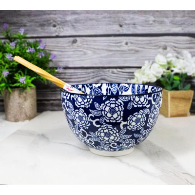 Ensemble de 4 bols à soupe avec des baguettes Donburi Blue Botanica