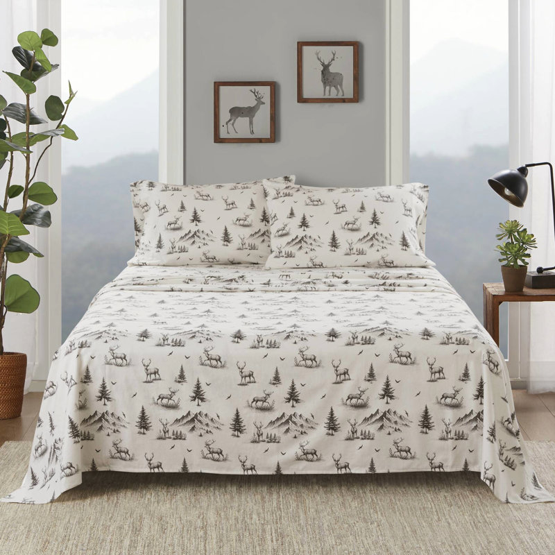 Ensemble de draps 4 pièces en toile de cerf gris, 100% flanelle de coton, brossé des deux côtés pour plus de douceur.