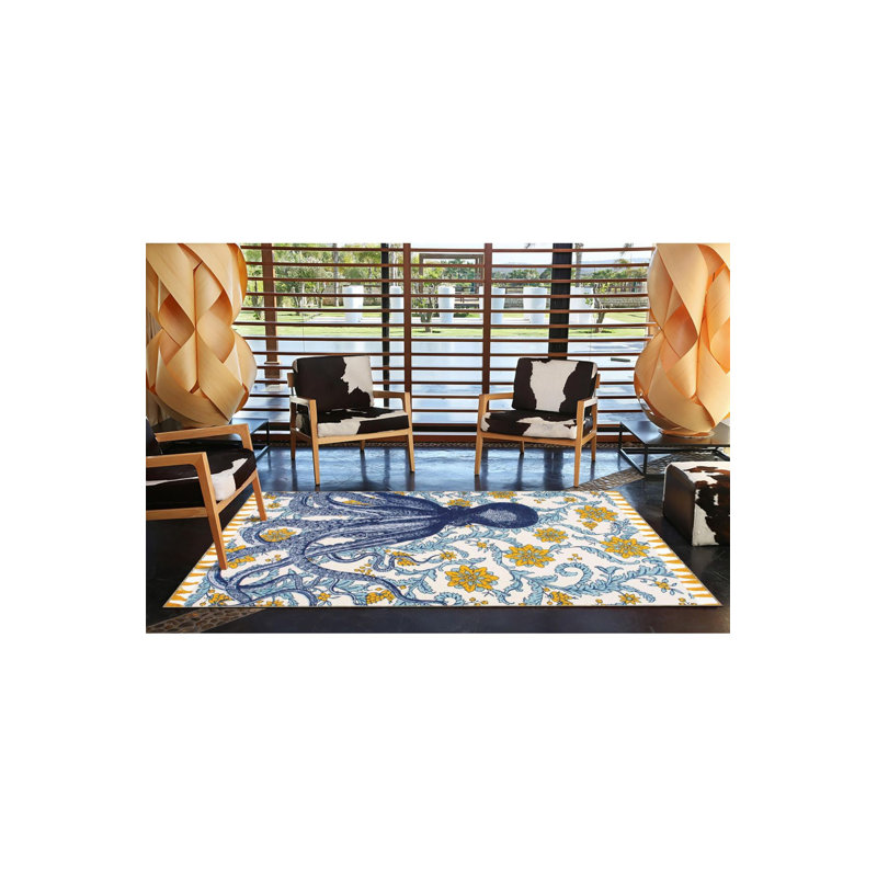 Tapis bleu lavable à motifs tissés, Sous-tapis carré 3 pi 3 po inclus