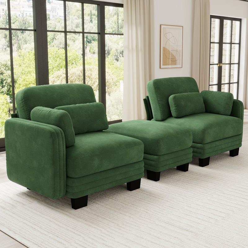Causeuse en chenille, capitonnée, modulaire, 2 pièces, causeuse avec repose-pieds mobile, vert, coussins en mousse à haute résilience
