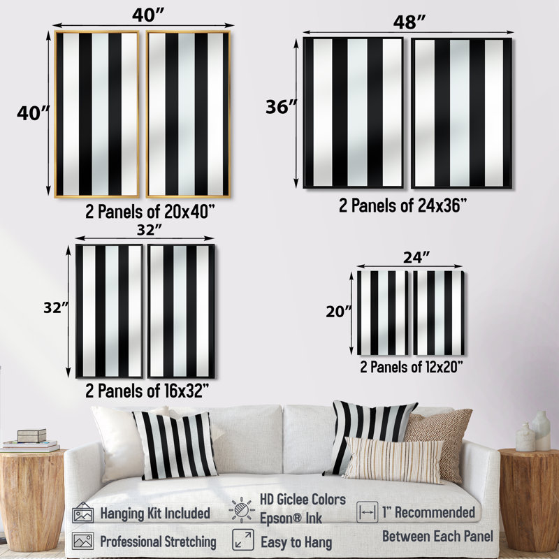 Harmonie de lignes noires et blanches rayées - impressions sur toile modernes, H 32 po x l 32 po, Doré