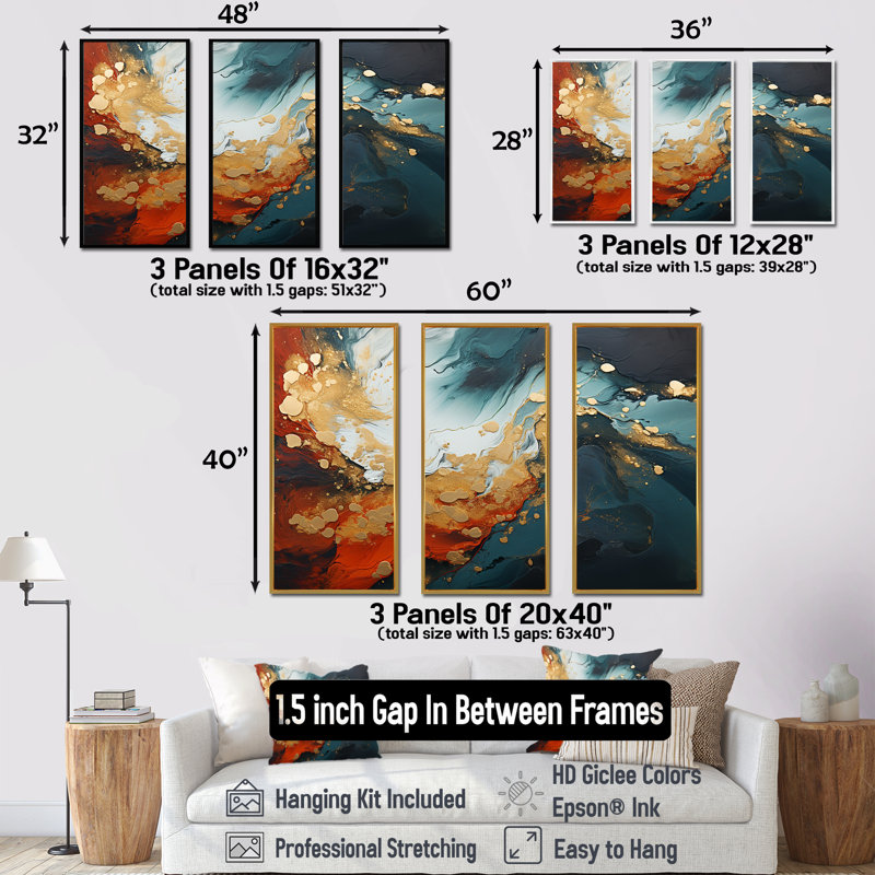 Tempête de marbre bleu et doré IV - art mural abstrait, Cadre flottant doré, H 32 po x l 48 po x P 1 po