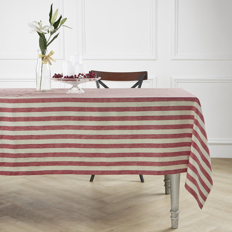 100% Pure Linen Tablecloth -Sorrento Stripe, 90" L x 60" W, Red/Natural