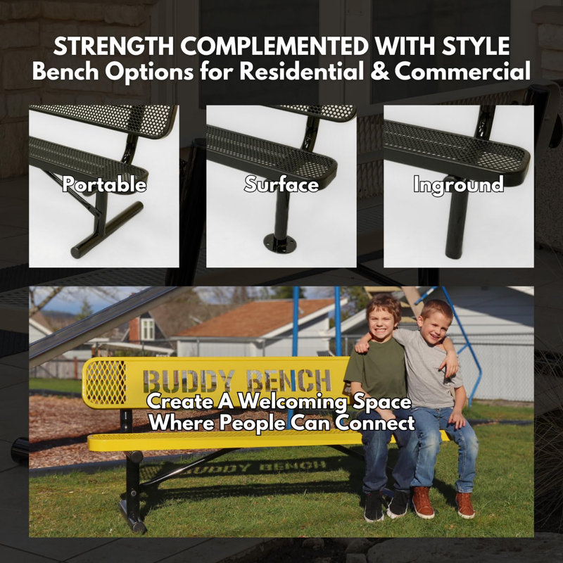 Buddy Bench, Black, Expanded, 6Ft, With Back, Surface, 6ft Buddy Bench Surface, Expanded, Yellow