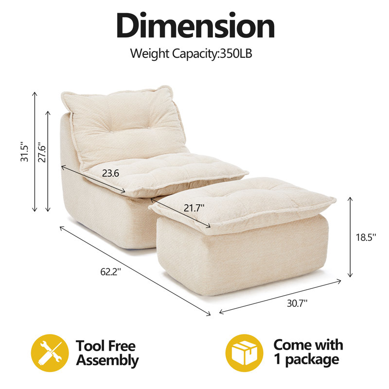 Chaise longue rembourrée avec repose-pieds mobile, canapé douillet d'intérieur , Beige