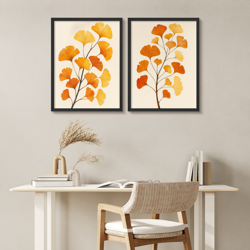 «Golden Ginkgo Leaves», ensemble d'art mural encadré - 2 pièces d'automne botaniques dans des tons chauds de jaune et d'orange, œuvre d'art élégante pour le salon ou la salle à manger