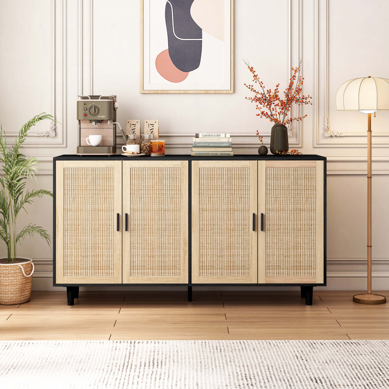 Console en bois avec 4 portes et tablettes, Noir/Beige/Brun