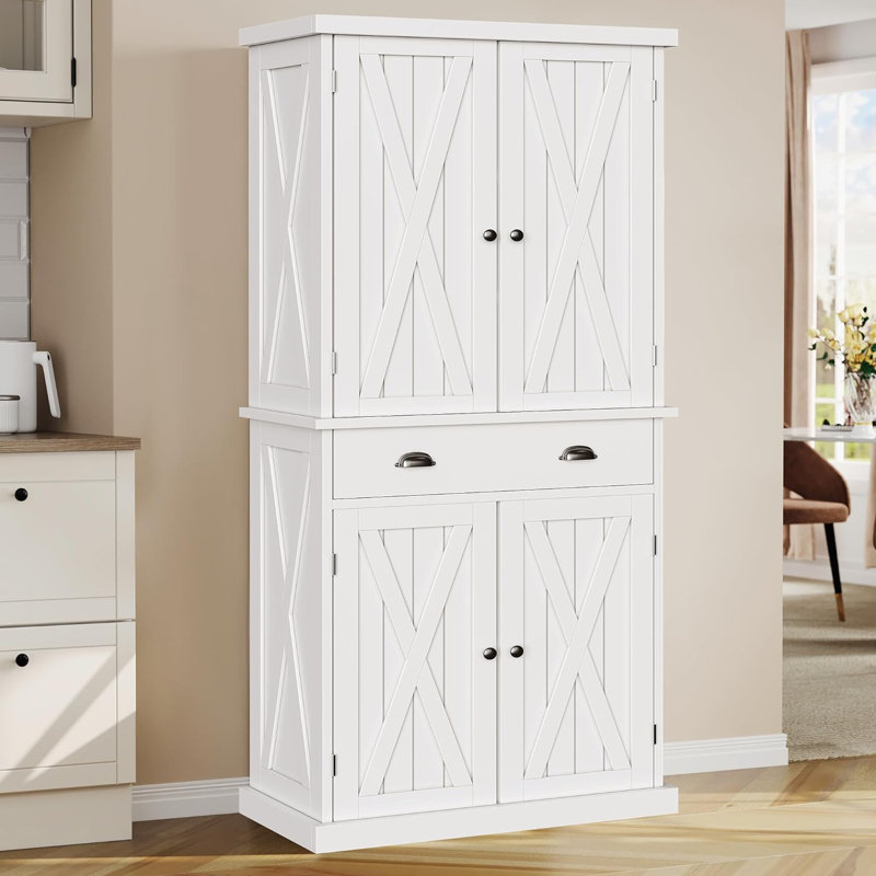 Tall Farmhouse Kitchen Pantry With Adjustable Shelves, Kitchen Storage Cabinets With Doors & Drawer, Freestanding Cupboard For For Kitchen, Dining Room, Living Room