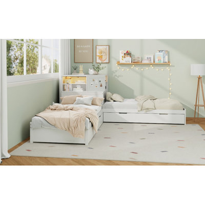 L-Shaped Combination Twin Bed Frame with Trundle and Drawer,3-in-1 Low Corner Platform Bed Linked with Built-in Desk and Led Downlight, White(Old SKU:BS701P361523W)