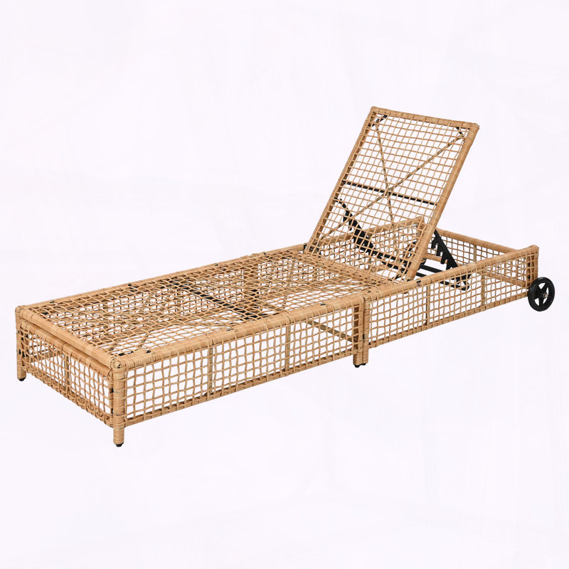 Chaise longue simple en rotin avec dossier à 5 positions et roulettes, Natural, 1