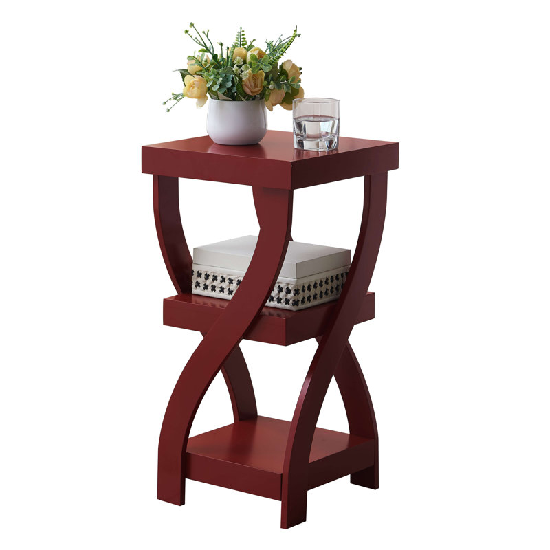 Twisted Wood Accent End Table, 3-Tier Side Table with Open Storage Shelves, Narrow Nightstand or Sofa Table for Bedroom, Living Room & Office - Red