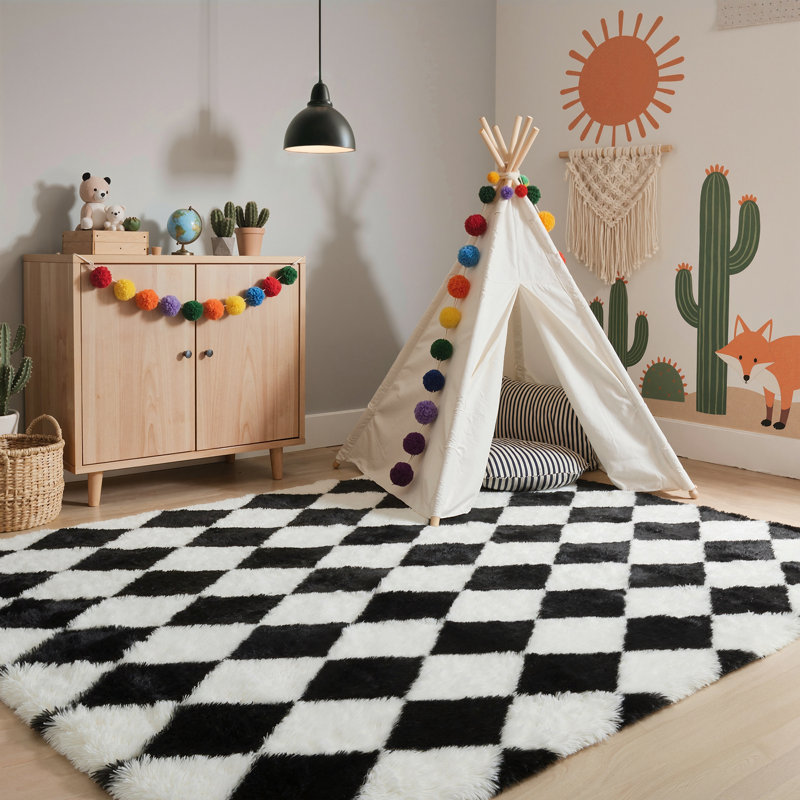 Tapis à poils longs noir / blanc Modern, Rectangle 6 pi x 9 pi, Noir