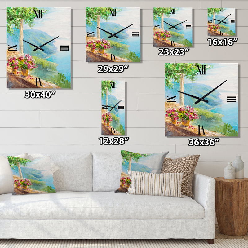 Horloge murale maison près de la mer avec fleurs, Petit