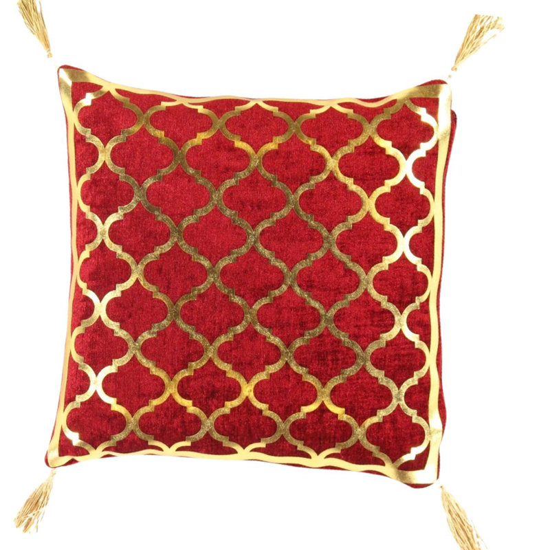 Moroccan Square Pillow Cover & Insert, Red/Gold Geometric