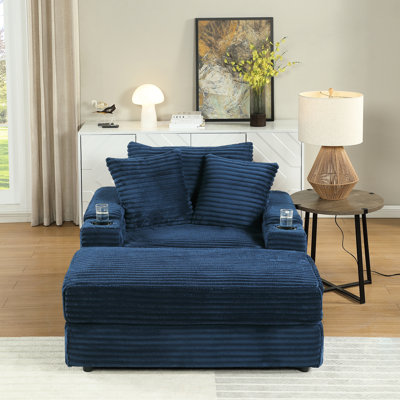 Velours côtelé de luxe bleu avec coussins décoratifs et 1 canapé de siège profond pour le salon, tissu, structure à haute éponge à ressorts, design ergonomique relaxant, facile à assembler
