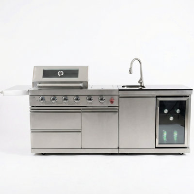 Barbecue de cuisine d'extérieur avec comptoir de 84 pouces à 5 brûleurs 75300, fabrication en acier inoxydable et comptoirs en granite à haut rendement de chaleur, tablette latérale pliable pour plus de fonctionnalité