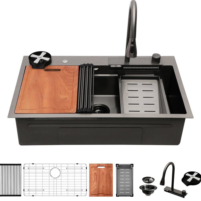 Évier de cuisine noir en acier inoxydable de calibre 16 avec station de travail en acier inoxydable de calibre 16 avec débit innovant, robinet multifonctionnel, guide d'eau en forme de X, revêtement et coussin Nano, accessoires inclus