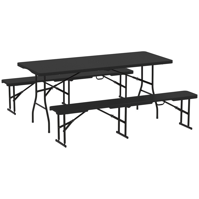 Table de pique-nique pliante en rotin 3 pièces 6 pi avec 2 bancs, 6 pi, noir