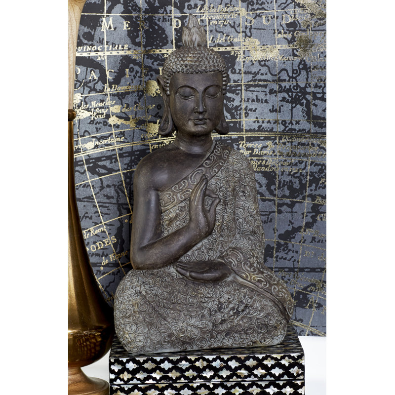 Brown Polystone Meditating Buddha Sculpture with Engraved Carvings