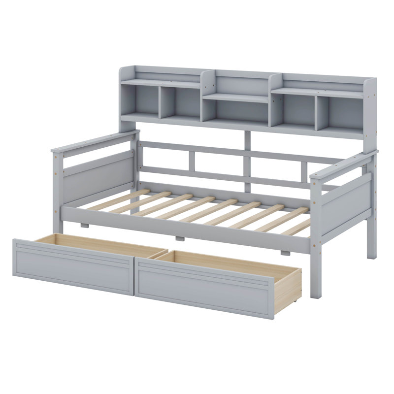 Bookcase Wood Daybed with Bedside Shelf and Two Drawers, Twin, Gray