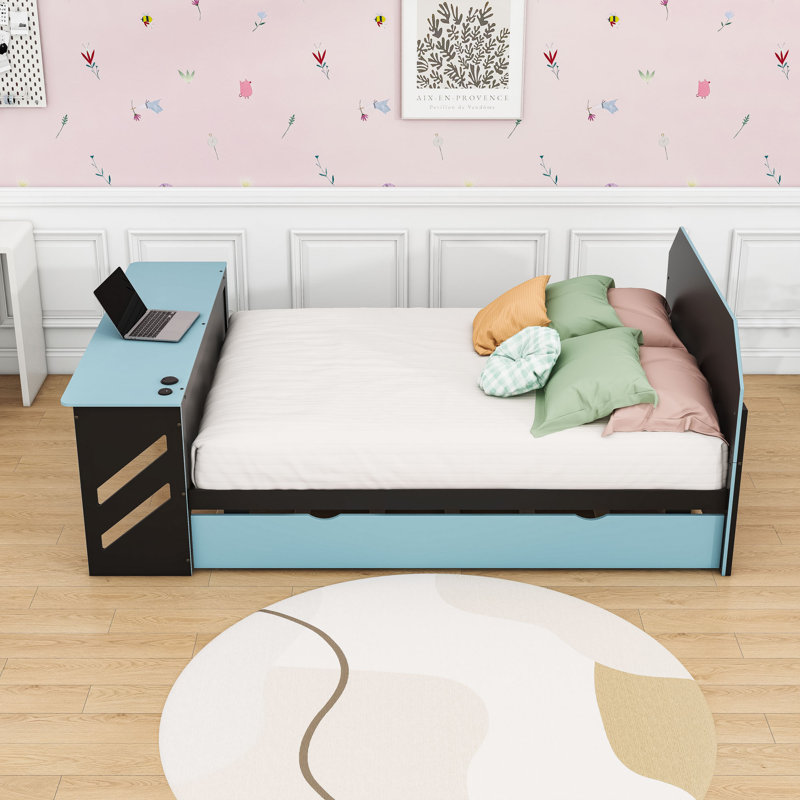 Full Wood Daybed with Twin Trundle, Desk and USB Port, Cloud Blue