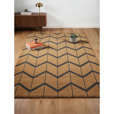 Tapis d'intérieur rectangulaire en laine anthracite doré, fait main, géométrique et noué à la main